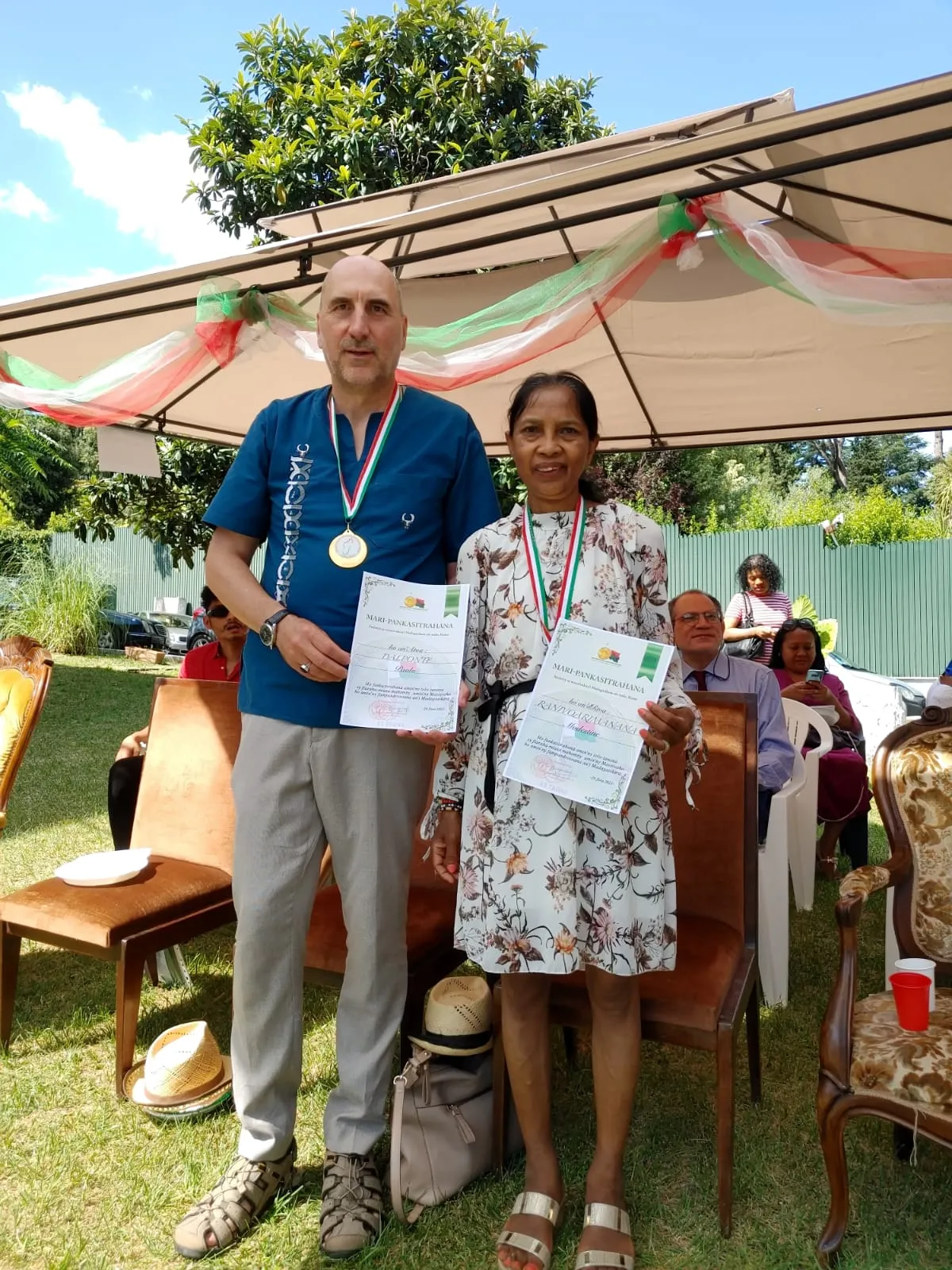 Modestine and Paolo with the certificates from the Embassy of Madagascar in Rome, 26 June 2023